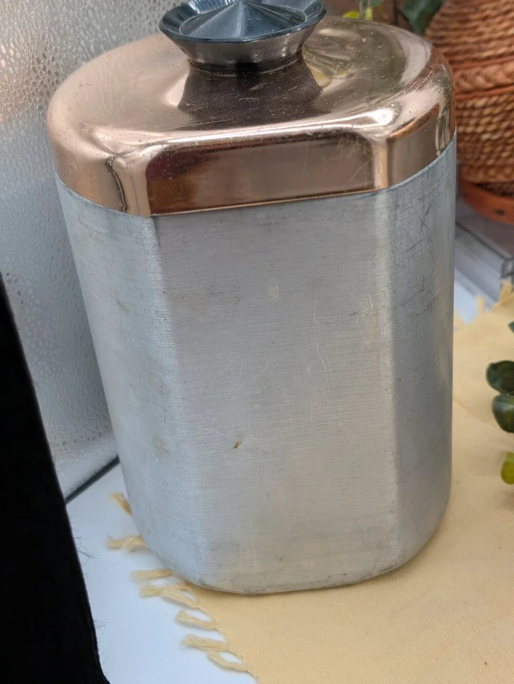Vintage MCM Aluminum Canister Set Copper Lids Flour Sugar‎ Coffee Tea With Scoop